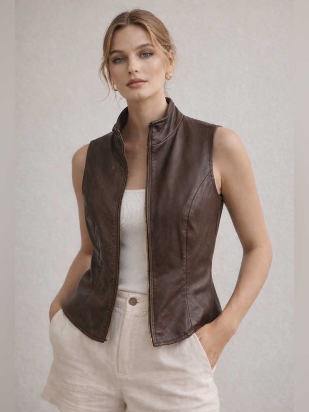 FINITY by Elie Tahari Leather Vest Brown Zip Genuine Leather Moto Minimalist 8